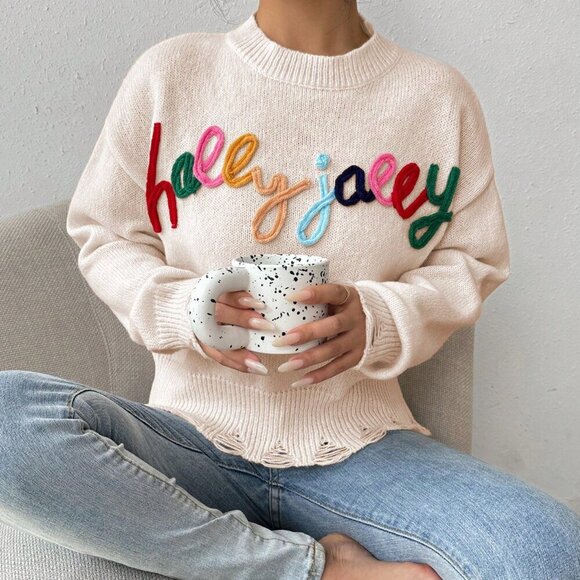 Apricot Casual Women's Round Neck Long Sleeve Letter Patchwork Knit Sweater - Picture 3 of 8